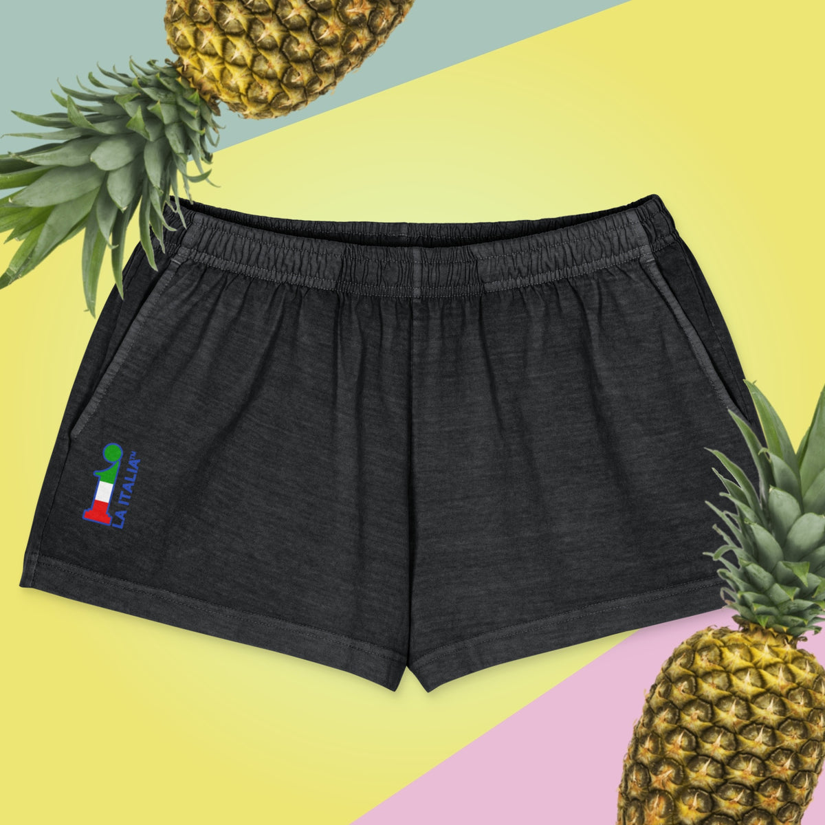 Bum-Bum Foemina Shorts La Italia™ negrito - fronte | shorts donna tinta effetto denim con logo La Italia™ | beachwear italiano premium | La Italia

