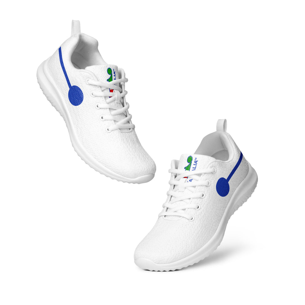 àthlon La Italia™: sneakers bianche da uomo disposte in diagonale, con “I” stilizzata blu. Wear Your Best Version.
