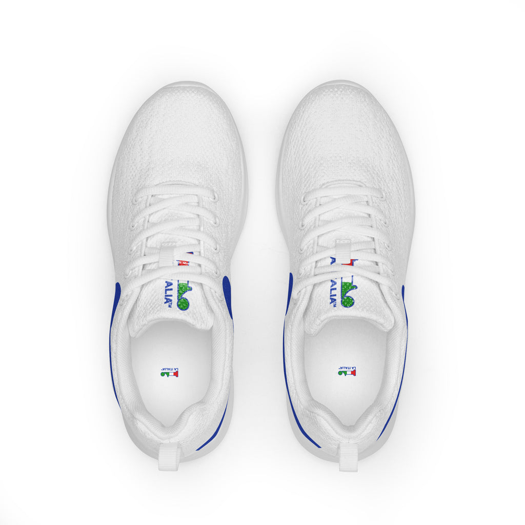 àthlon La Italia™: sneakers bianche da uomo leggere, morbide e comodissime, viste dall’alto con lacci e loghi sulle linguette.
