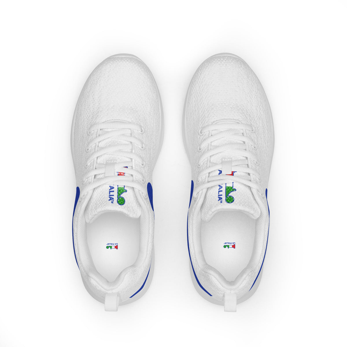 àthlon La Italia™: sneakers bianche da uomo leggere, morbide e comodissime, viste dall’alto con lacci e loghi sulle linguette.

