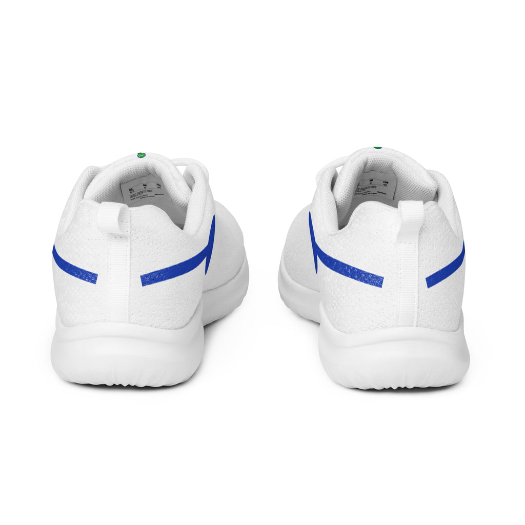 àthlon La Italia™: sneakers bianche da donna dal design tutto italiano, vista posteriore con dettagli blu e passanti sui talloni.