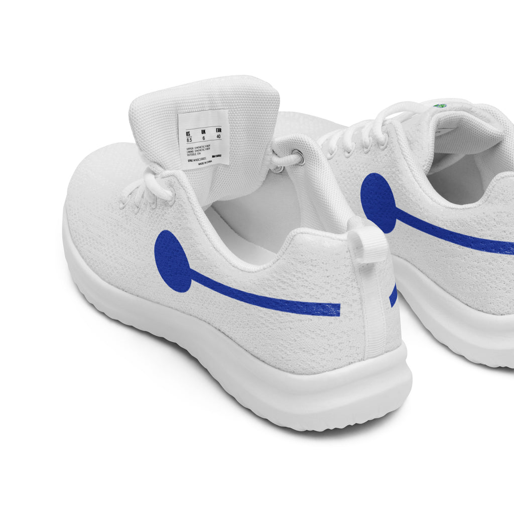 àthlon La Italia™: sneakers bianche da donna di qualità premium, dettaglio posteriore con “I” blu e collarino imbottito.