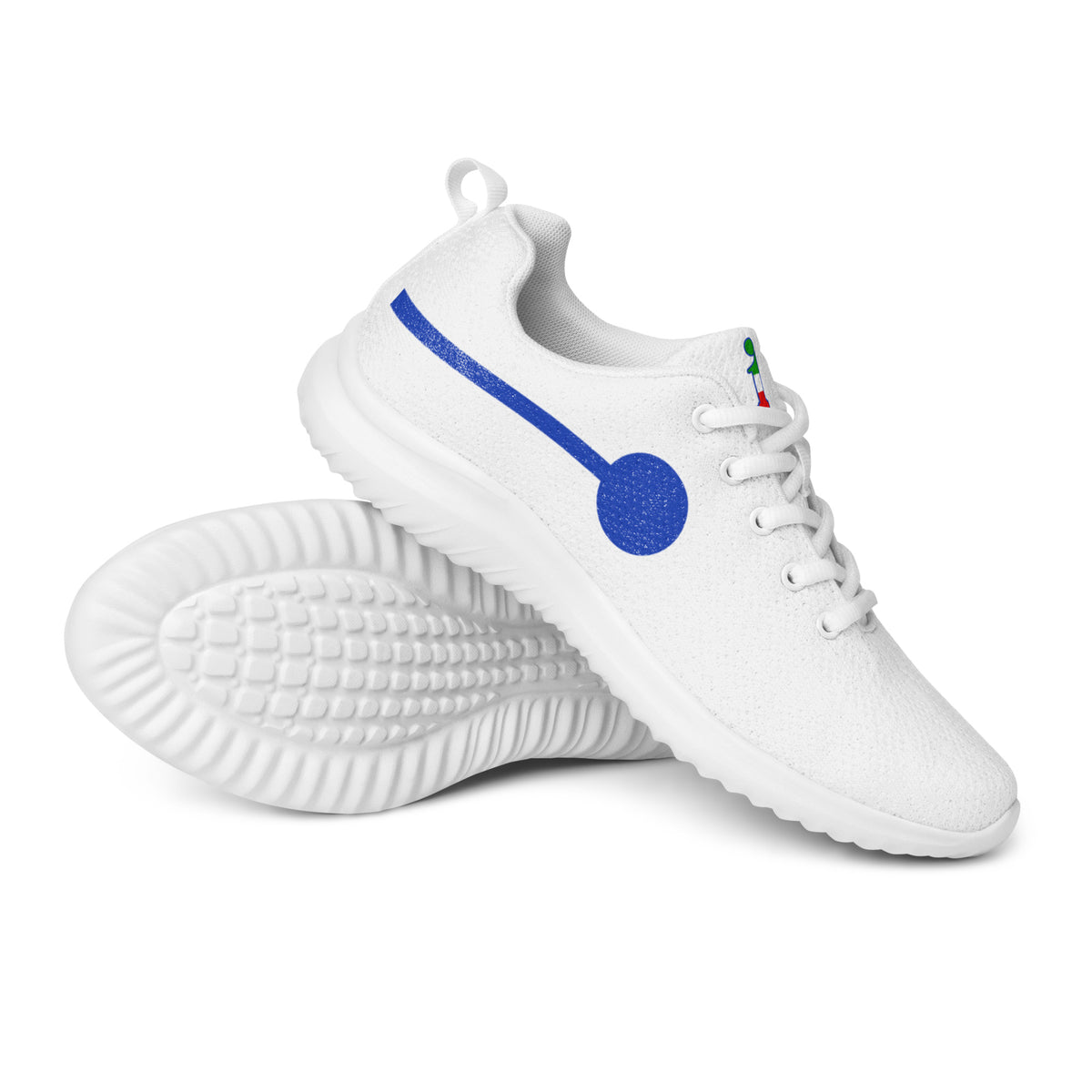 àthlon La Italia™ women's white sneakers in techno-chic style, showing the blue side graphic and textured outsole.