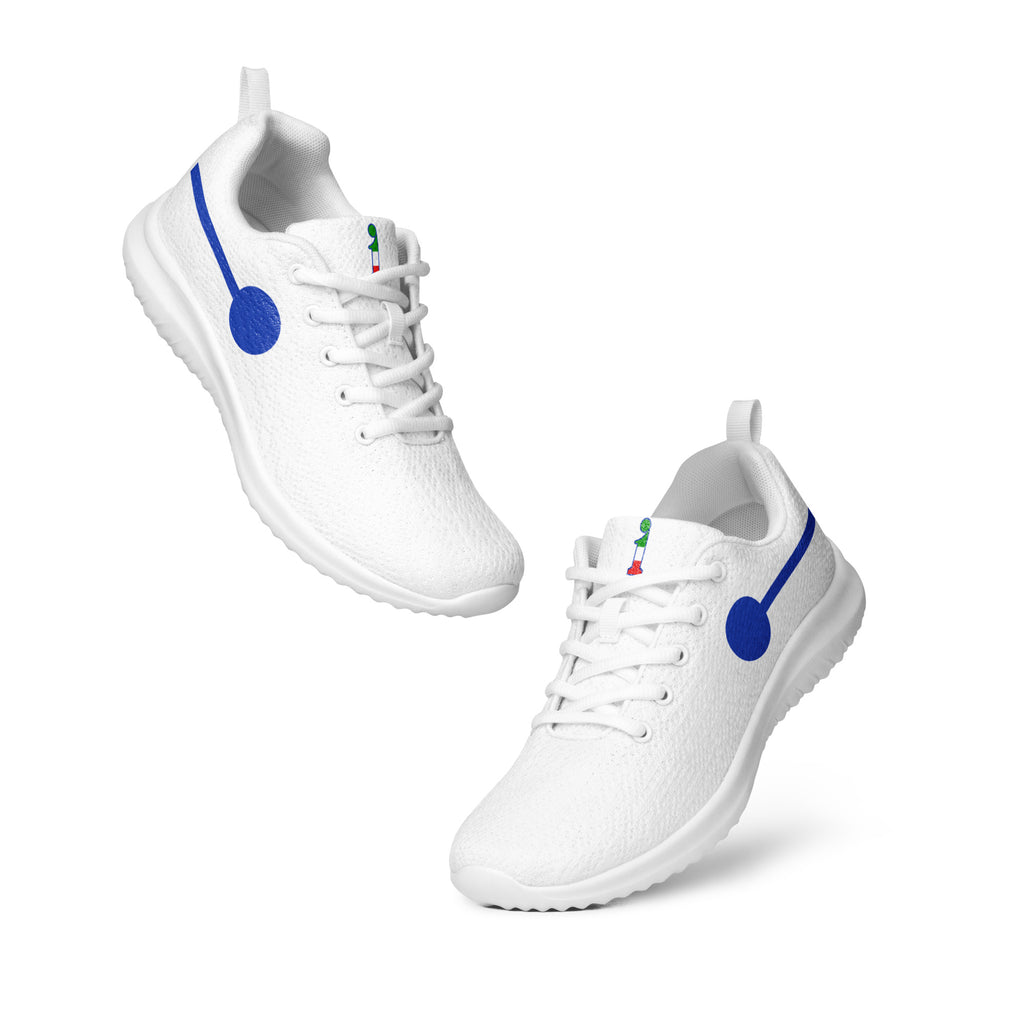 àthlon La Italia™ women's white sneakers, light and soft, arranged diagonally with blue side graphics. Wear Your Best Version.