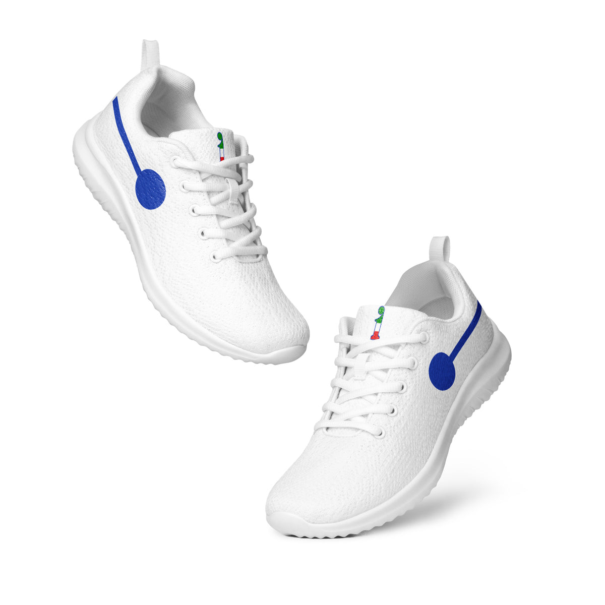 àthlon La Italia™ women's white sneakers, light and soft, arranged diagonally with blue side graphics. Wear Your Best Version.