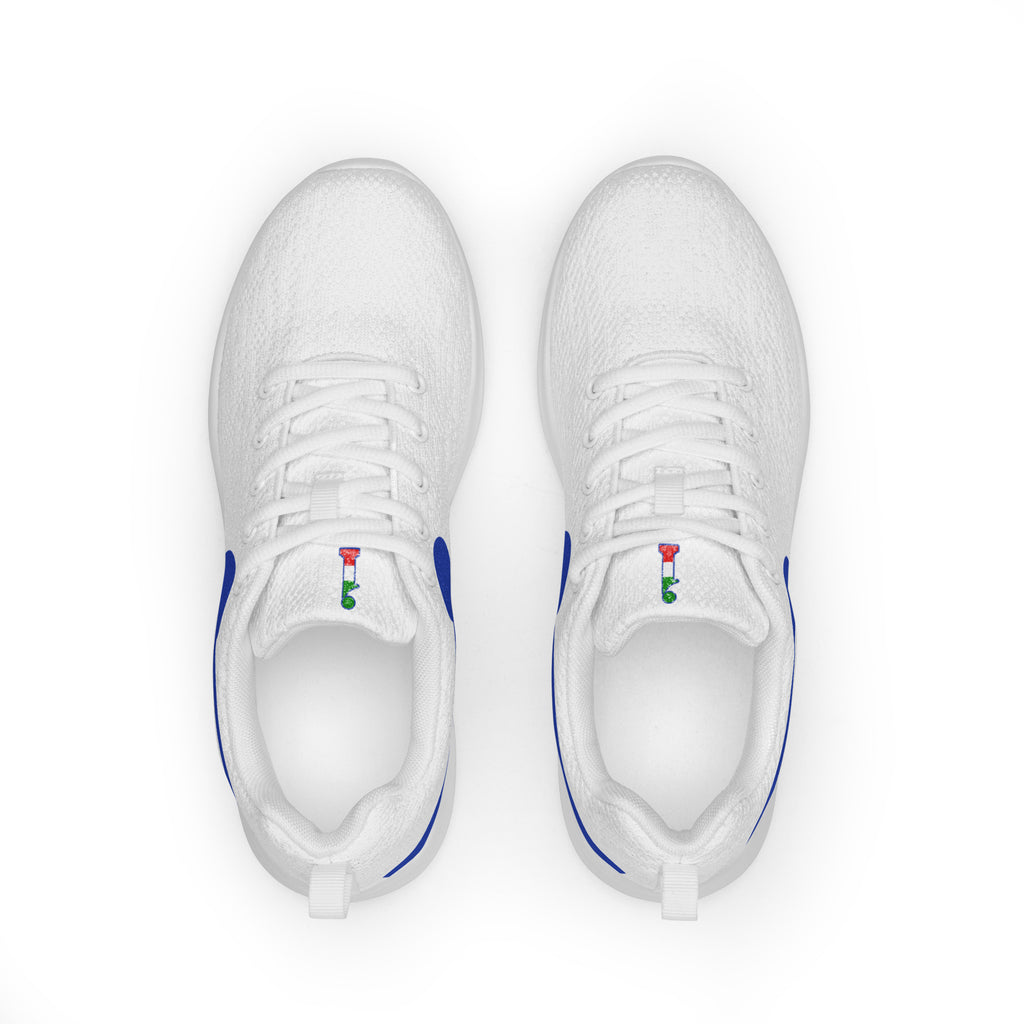àthlon La Italia™: sneakers bianche da donna viste dall’alto, con lacci bianchi e loghi tricolori sulle linguette. Eleganza techno-chic.