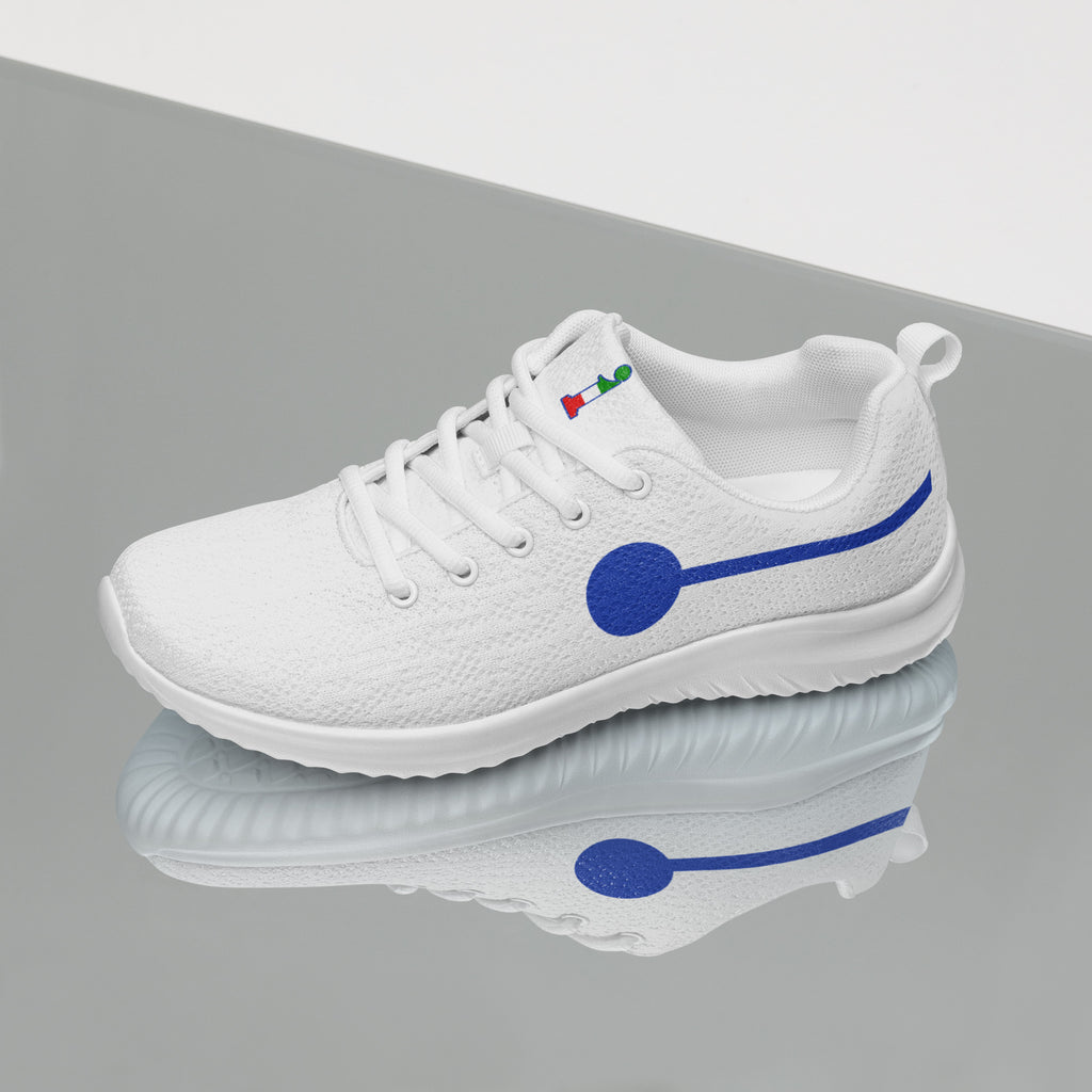 àthlon La Italia™: sneaker bianca da donna con “I” blu, vista laterale con riflesso. Noi siamo il nuovo premium!