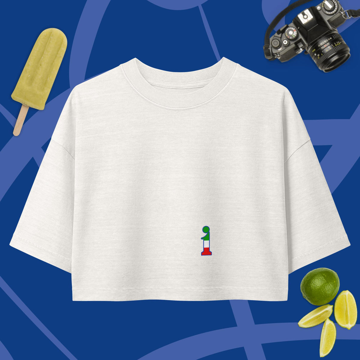 Holy Pancino Cropped Tee La Italia™ blanquito, vista frontale | t-shirt corta da donna in cotone tinta in capo | La Italia
