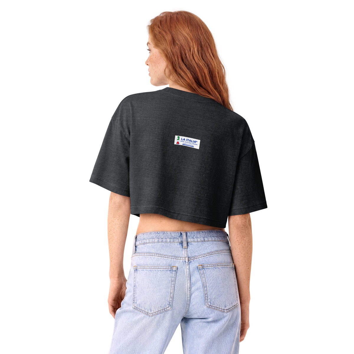 Holy Pancino Cropped Tee La Italia™ negrito, second back view | women's boxy cropped cotton tee | La Italia
