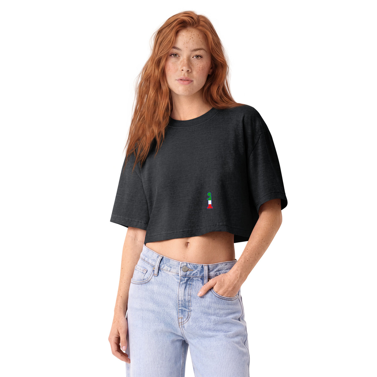 Holy Pancino Cropped Tee La Italia™ negrito, seconda vista frontale | cropped tee femminile dalla vestibilità boxy | La Italia
